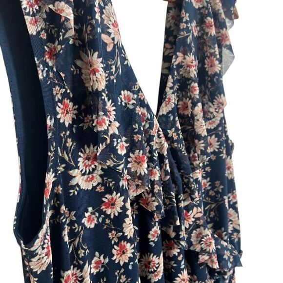 American Rag Floral V Neck Ruffle Sleeveless A Line Dress Navy Blue Large - Picture 4 of 7